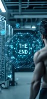 Futuristic digital display showing "THE END" message in server room environment with glowing network connections and data visualization elements.