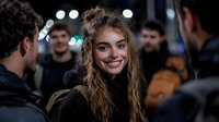 Young Caucasian woman with messy blonde hair and bright smile wearing black turtleneck sweater surrounded by friends at night, urban lifestyle and social gathering.