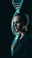 Young Caucasian female scientist with glowing DNA helix structure in futuristic biotechnology laboratory setting for genetic research and medical innovation.