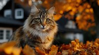 Fluffy tabby cat sitting among colorful autumn leaves with warm golden lighting and cozy house background creating seasonal pet portrait atmosphere.