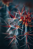 Macro shot of cactus with vibrant red spines against dark blue-green background, creating dramatic contrast for nature and botanical designs.