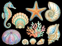 Watercolor ocean clipart set with seahorse, starfish, seashells, coral, and sea urchin, isolated on transparent background, ready for stickers, t-shirts, and print on demand.