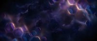 Glowing purple hexagonal shapes float through dark space with electric energy, creating a futuristic tech background for digital design projects and modern presentations.