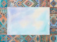 Watercolor wash on white paper surrounded by colorful geometric tribal patterns, ideal for design mockups, backgrounds, and creative projects.