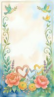 Watercolor greeting card template with flying birds carrying olive branches, ornamental scrolling vines, coral peonies, yellow roses, lavender sprigs, and dual heart frames on cream background. Ideal for invitations.
