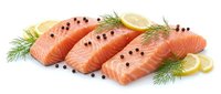 Fresh salmon fillets with dill herbs and lemon slices seasoned with black peppercorns on white background isolated for culinary design and cooking recipes.