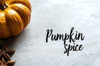 Orange pumpkin with star anise and elegant black "Pumpkin Spice" typography on light gray background for seasonal food marketing.