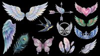 Watercolor wings collection featuring angelic feathers, heart-shaped wings, butterfly wings, and bird wings in soft pastels. Isolated on transparent background, ready for t-shirt design, clipart, stickers, sublimation, and print-on-demand projects.