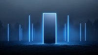 Glowing blue neon doorway and vertical light bars in dark misty forest creating mysterious portal atmosphere, futuristic sci-fi concept for background designs.