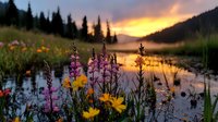 Wildflowers bloom along a serene wetland at sunset, with golden and pink hues reflecting in still water surrounded by evergreen forest and marsh vegetation.