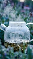 Steaming glass teapot with herbal tea brewing outdoors among blurred garden flowers, condensation on surface, soft bokeh background.