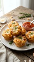 Savory egg muffins with herbs and cheese served on white plate with tomato sauce, rustic kitchen setting for breakfast or brunch meal preparation.