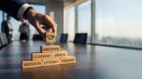 Innovation leadership growth strategy, businessman hand arranging wooden blocks with business keywords on office desk with city skyline view for corporate success.