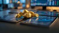 Golden nuggets on digital tablet screen displaying financial charts and graphs for precious metals trading and investment analysis in modern office.