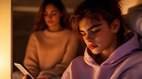 Young woman in purple hoodie illuminated by warm phone screen light at night, with friend in background using mobile device, creating moody atmospheric scene.
