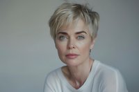 Elegant mature woman with short platinum blonde hair wearing white sweater against neutral gray background, natural makeup and confident expression.