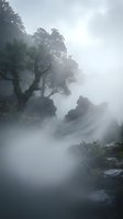 Mystical foggy landscape with ancient trees and rocky terrain shrouded in thick mist creating atmospheric moody scenery for nature backgrounds.