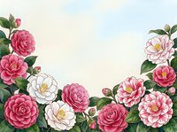 Watercolor camellia flowers in pink and white with green leaves forming a decorative border frame on a light background.