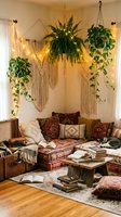 Cozy bohemian living room with macrame wall hangings, hanging plants, warm lighting, patterned textiles, and wooden coffee table creating relaxed atmosphere.