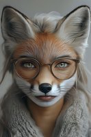 Artistic portrait of a fox character wearing round glasses and knit sweater, featuring detailed fur textures and expressive blue eyes against neutral background.