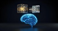 Glowing blue brain with circuit board and gold particle cluster icons above, representing artificial intelligence, neural networks, and digital technology integration on dark background.