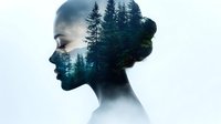 Double exposure portrait combining Asian woman's profile silhouette with misty evergreen forest landscape, creating ethereal nature-inspired artistic composition.