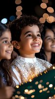 Young mixed race boy with curly hair smiling brightly during holiday performance, wearing white lace outfit against bokeh lights and festive background.
