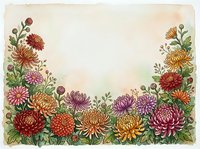 Watercolor chrysanthemum floral border frame with colorful autumn blooms and green leaves on textured paper background for greeting cards and invitations.