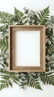 Wooden frame surrounded by fresh fern leaves and eucalyptus branches on white background, ideal for home decor, botanical design, and creative projects.