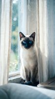 Siamese cat with striking blue eyes sitting by window with sheer curtains, looking directly at camera. Cream and dark brown colored feline indoors.