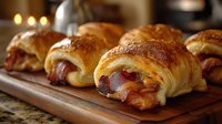 Fresh baked pigs in blankets with golden pastry on wooden board, warm kitchen lighting for holiday appetizers and party food preparation.