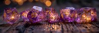 Glowing purple polyhedral dice with golden numbers arranged on rustic wooden surface, perfect for tabletop gaming concepts and fantasy roleplaying backgrounds with magical atmosphere.