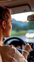 Young Caucasian woman driving car at sunset, view from behind showing hands on steering wheel and profile against mountain landscape and warm evening light.
