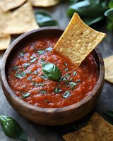 Fresh homemade marinara sauce garnished with basil leaves in wooden bowl, served with crispy tortilla chips for appetizer or party snack dipping.