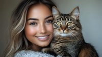Young blonde woman holding adorable tabby cat with striking green eyes. Pet owner bonding moment showcasing love and companionship between human and feline friend.