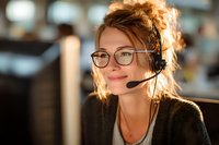 Young woman with glasses and headset smiling while working at customer service desk in office environment. Warm lighting creates professional atmosphere.