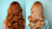 Long wavy hair comparison showing ginger red and honey blonde colors from back view against mint background, demonstrating hair coloring transformation results.