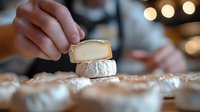 Artisanal soft cheese with white rind being cut on wooden board, selective focus on creamy texture with blurred bokeh lights in dark restaurant atmosphere.