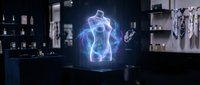 Futuristic holographic female torso projection in modern medical laboratory with advanced technology equipment for healthcare research and anatomical studies.