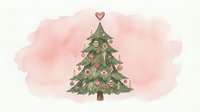 Decorated evergreen tree with ornaments and a red heart on top against soft pink watercolor background, suitable for holiday greeting cards and festive designs.