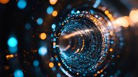 Futuristic digital tunnel with glowing particles and bokeh lights creating cyber space portal effect for technology and data visualization concepts.