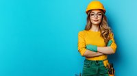 Young female construction worker wearing yellow hardhat, glasses and tool belt, standing with crossed arms against turquoise background. Professional trade portrait.