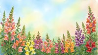 Watercolor snapdragon flowers in pink, yellow, purple and orange bloom against a soft pastel sky background with copy space.
