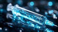 Medical syringe with glowing blue liquid against dark background, dramatic lighting creates futuristic atmosphere for healthcare and vaccination concepts.
