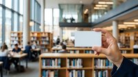 Hand holding blank white business card in modern library with bookshelves and people studying in background, suitable for corporate branding and business presentations.