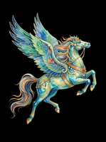 Ornate winged horse with colorful mane, gold details, and blue wings, isolated on transparent background. Great for stickers, t-shirt design, and print on demand.
