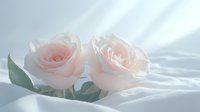 Delicate pink roses with soft petals lying on white silk fabric in gentle natural light, creating romantic and dreamy atmosphere for wedding and celebration designs.