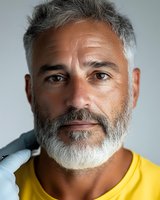 Mature man with gray beard receiving cosmetic injection treatment from medical professional in clinical setting for anti-aging skincare procedure.