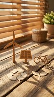 Cardboard eco symbols including wind turbine, solar panel, bicycle, recycle sign, and leaf on rustic wooden surface in warm sunlight.