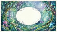 Enchanted forest frame with mystical plants and crescent moon creating magical border for text or design elements on white background.